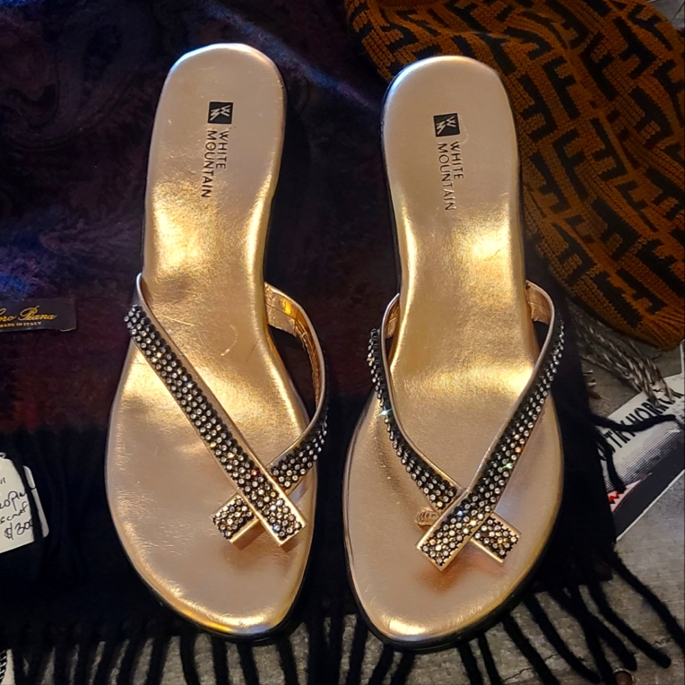 White Mountain Sandals Thongs Wedge Black Crystal Rhinestone Wedge 9 - 9 1/2